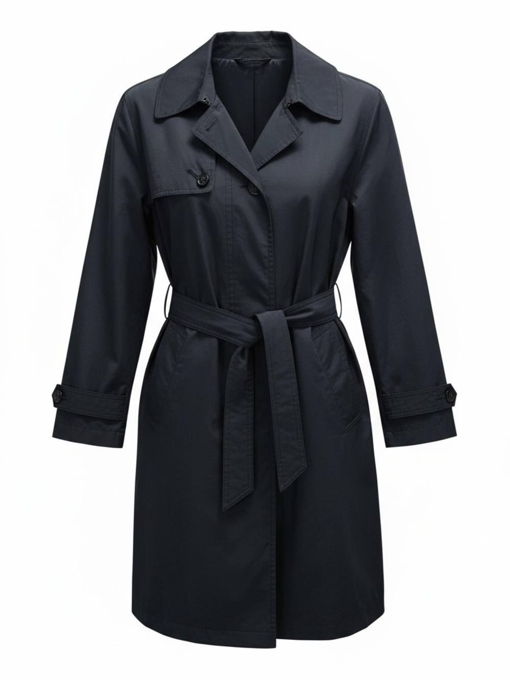 Women's Black Belted Trench Coat with Notched Collar
